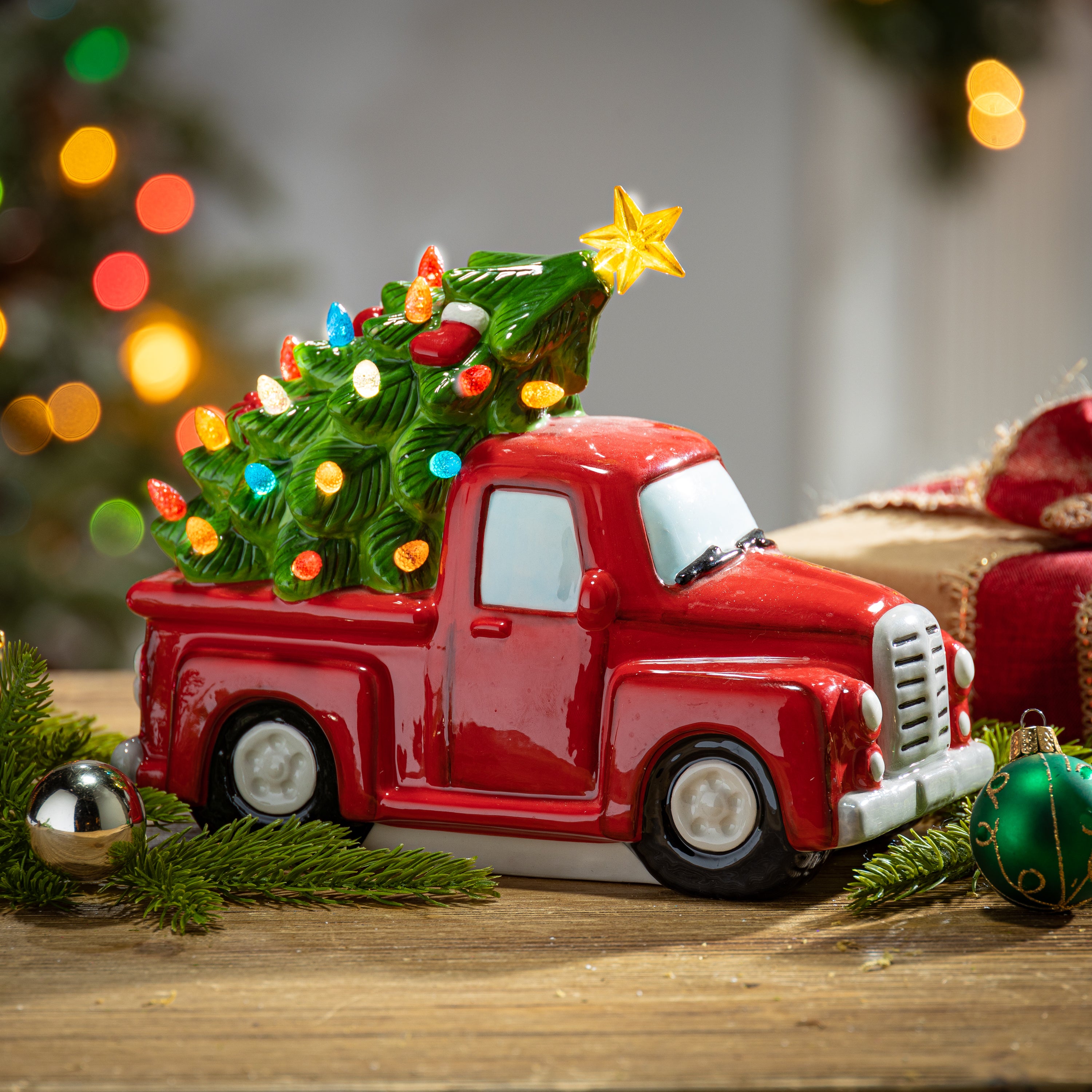 9.6-in L Battery- Operated Lighted Dolomite Holiday Truck with Tree